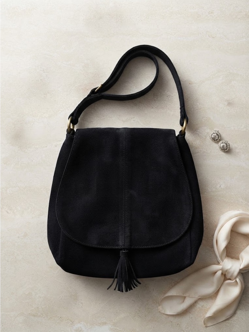 Raj Anthropologie Black Suede Crossbody Bag with Tassel Accent